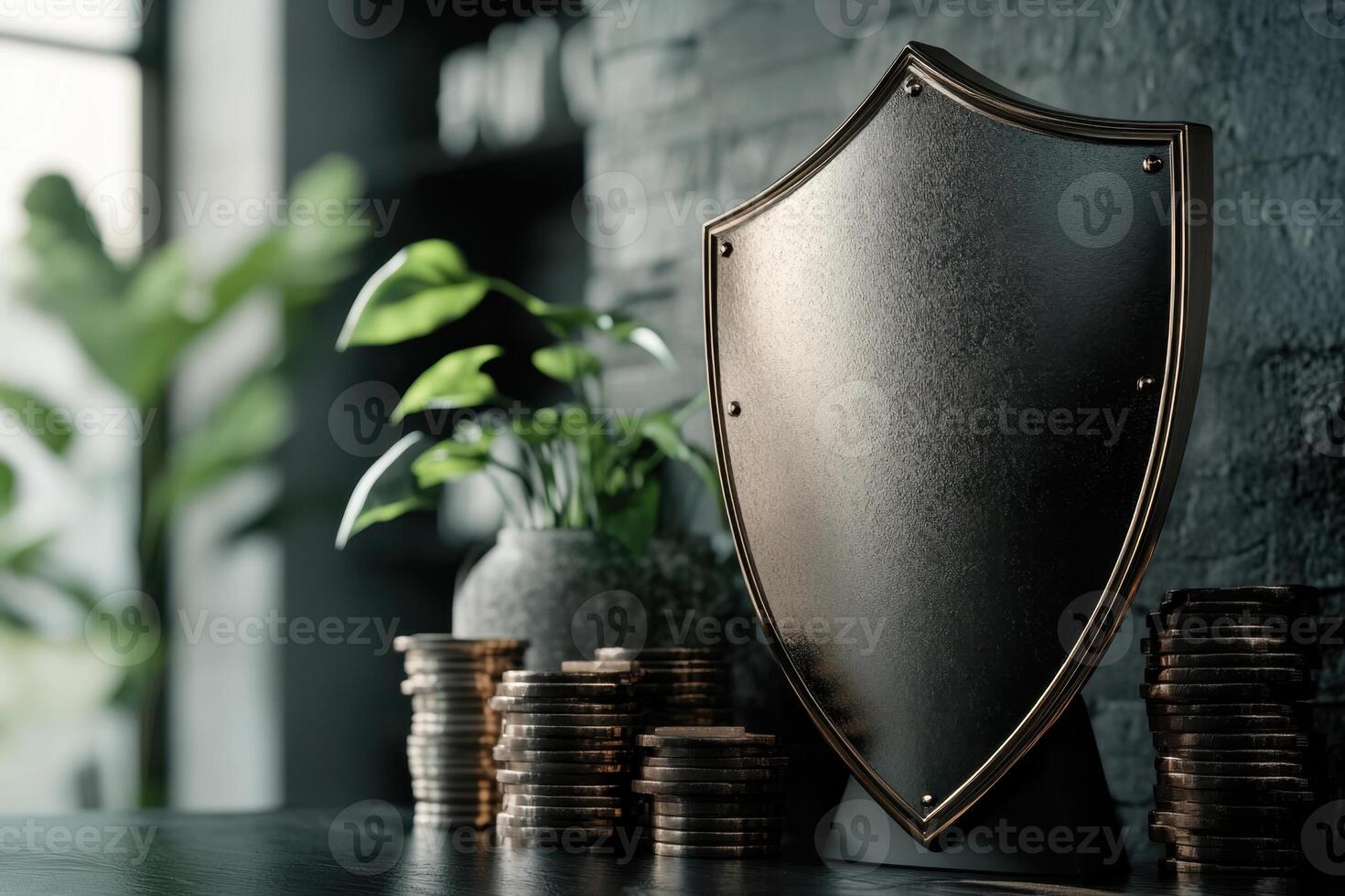 A shield with coins on top of it photo