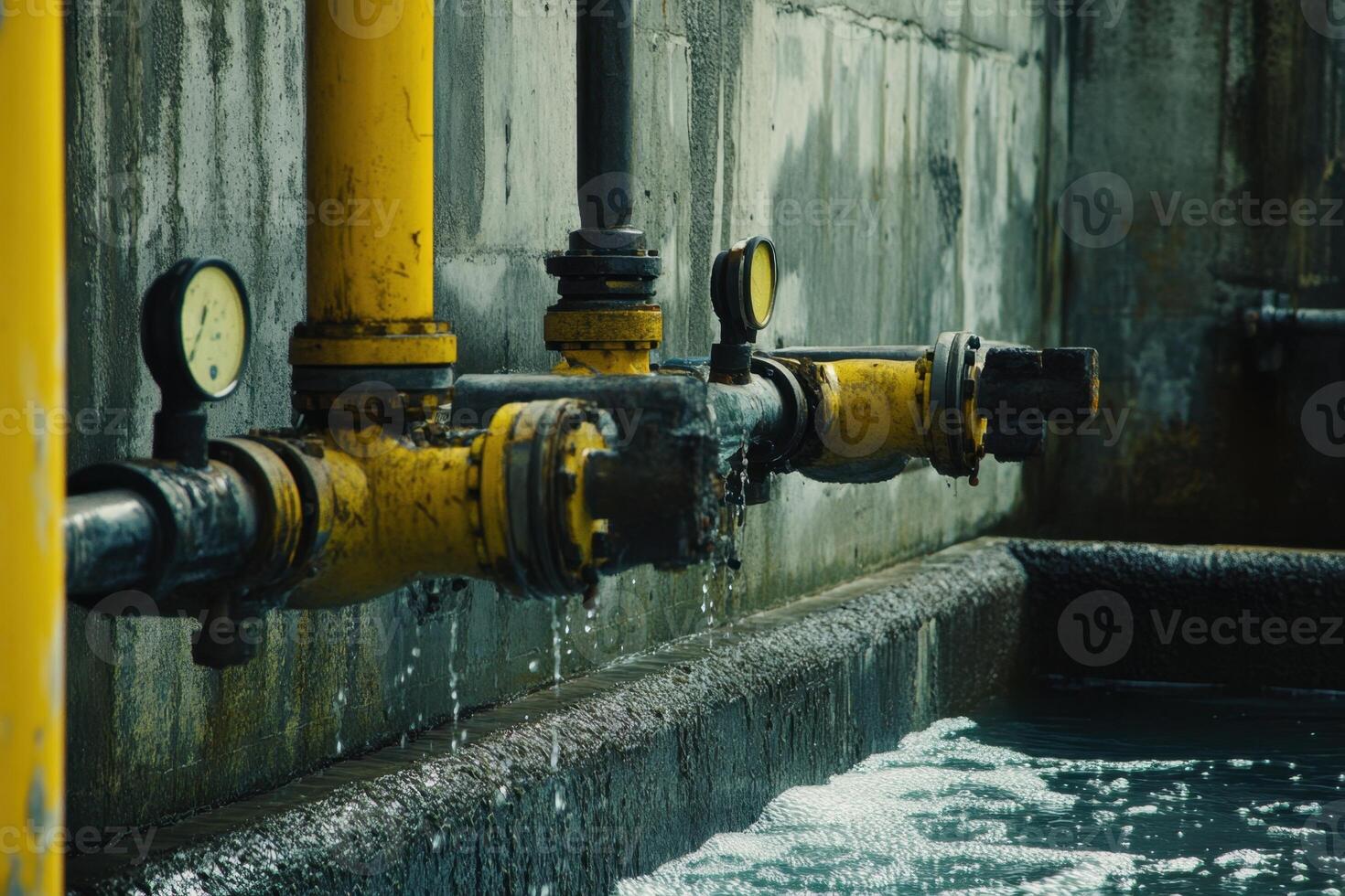 A yellow pipe with a yellow cap is dripping water photo