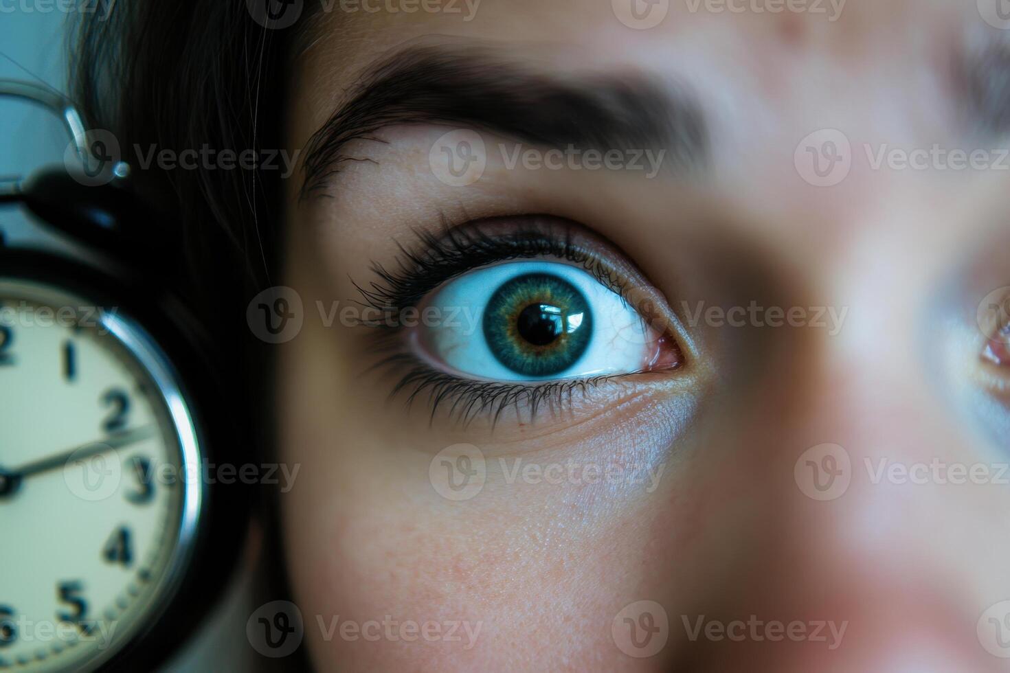 A woman with a green eye stares at a clock with the hands at 300 photo