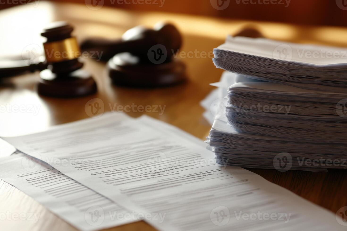A stack of papers on a table with a gavel and a wooden bench photo