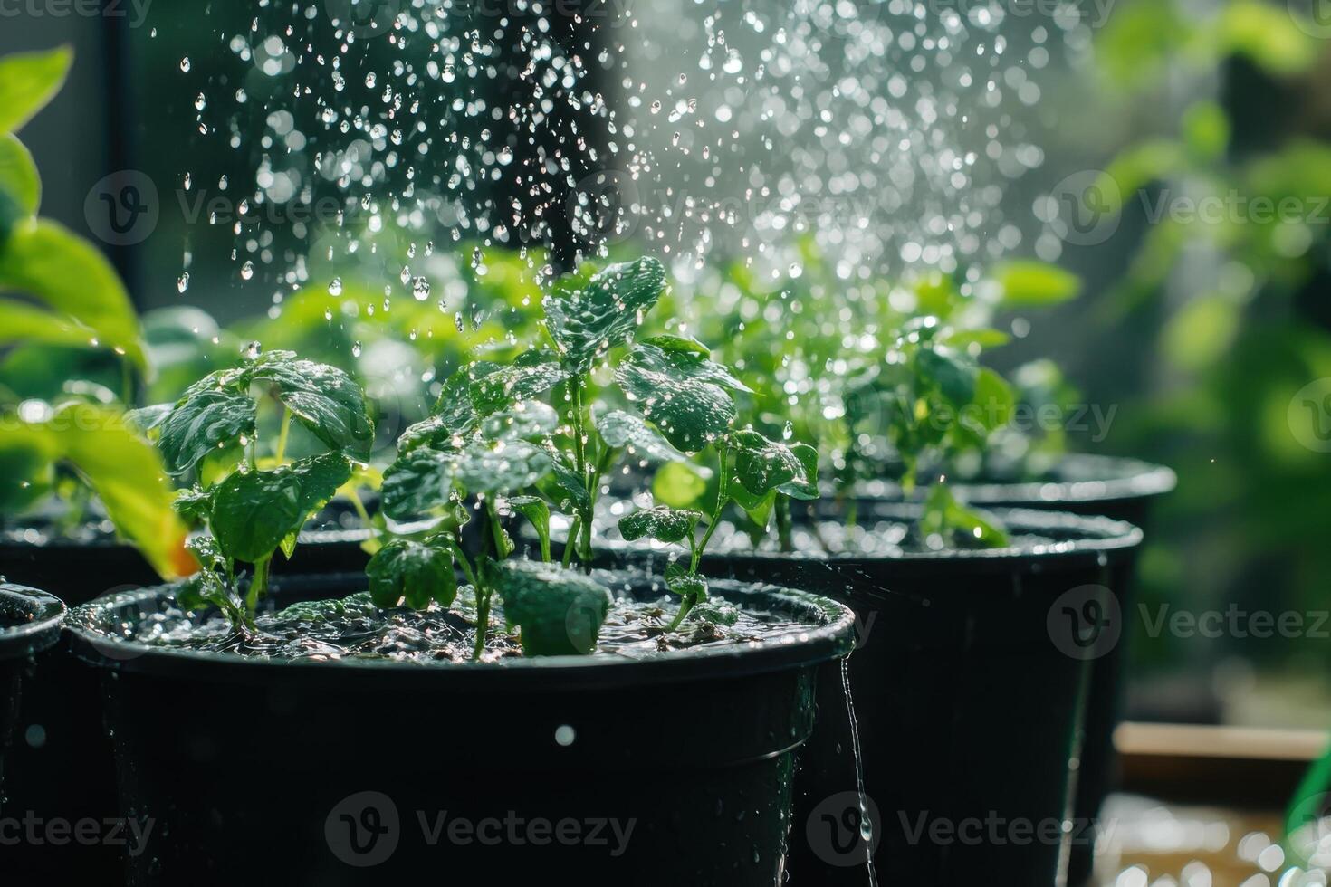 A group of plants are being watered in a greenhouse photo