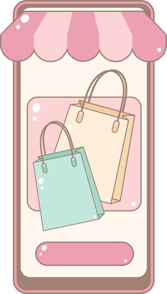 Online Shop Screen Displaying Shopping Bags. Cute and Simple Style. vector