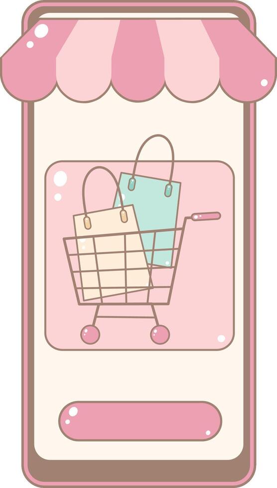 Online Shop Screen Displaying Shopping Cart With Bags. Cute and Simple Style. vector