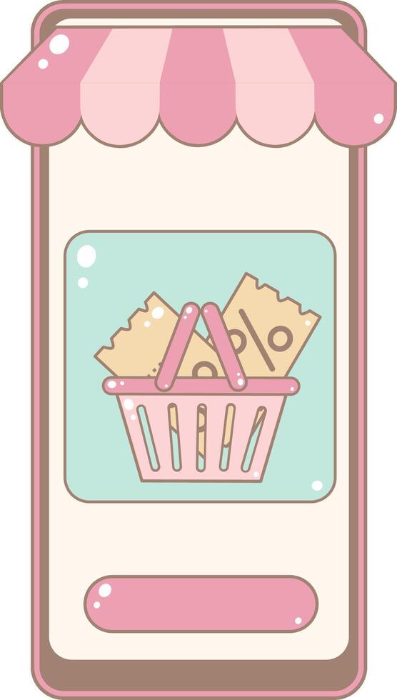 Online Shop Screen Displaying Shopping Basket With Discount Coupon for Deals or Promotional Offers. Cute and Simple Style. vector