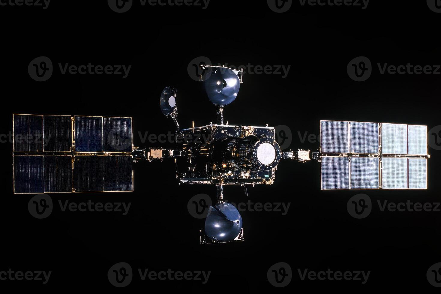 A satellite with solar panels is shown in the image photo