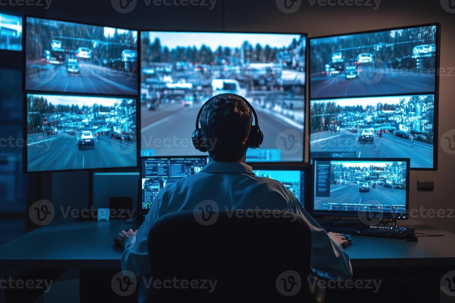 A man is sitting in front of a computer monitor with a headset on photo