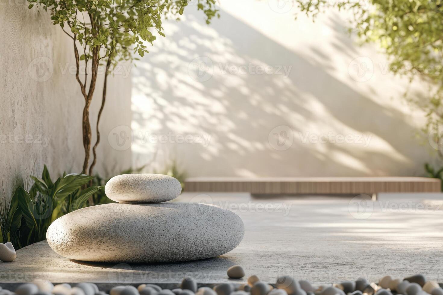 A stone bench sits in front of a wall with a tree behind it photo
