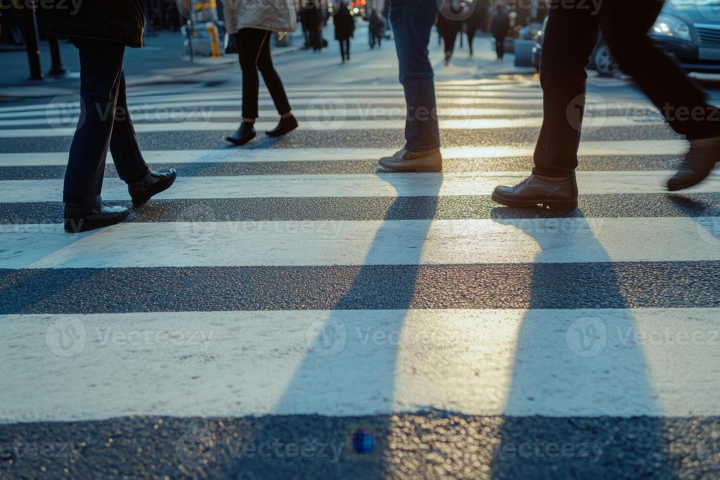 A group of people crossing a street with a car behind them photo