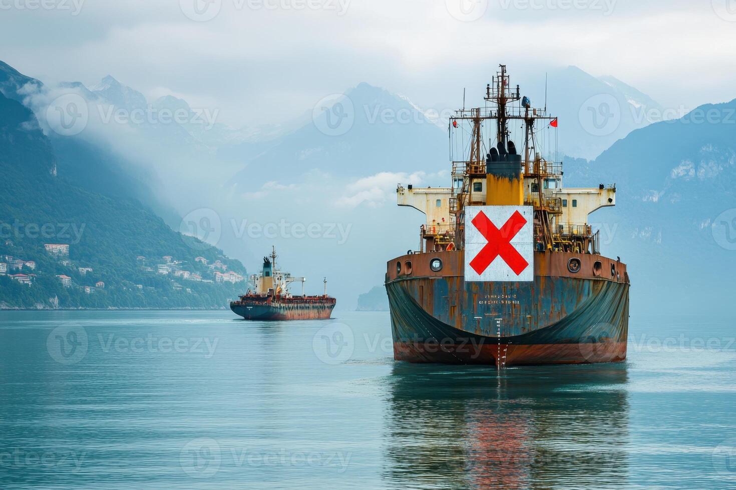 A large ship with an X on its side is sailing in the ocean photo