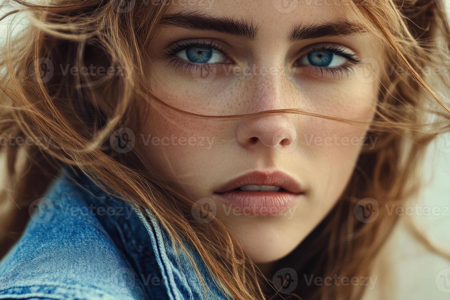 A woman with blue hair and blue jeans is looking at the camera photo