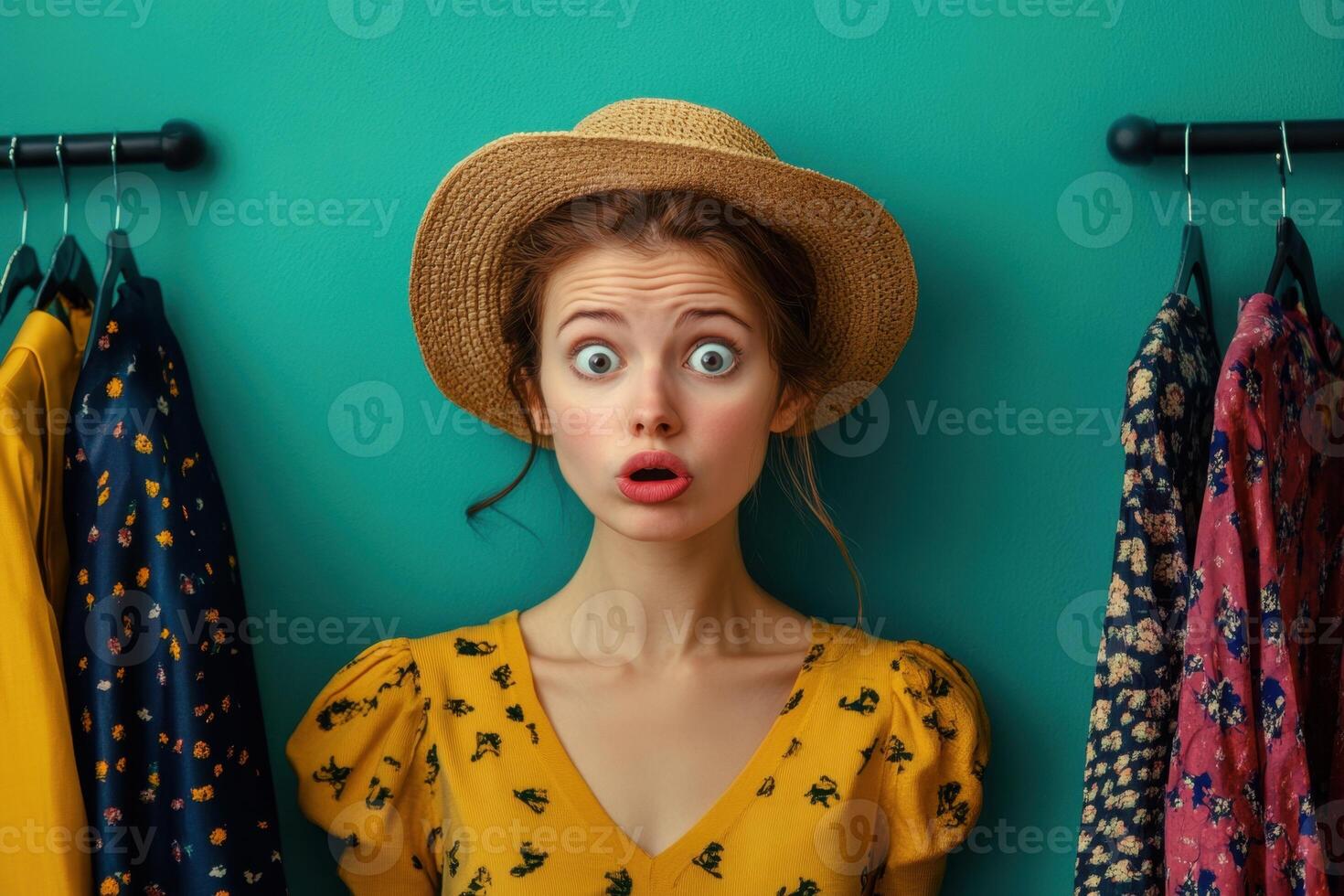 A woman in a yellow dress with a straw hat on her head is looking at a rack of c photo