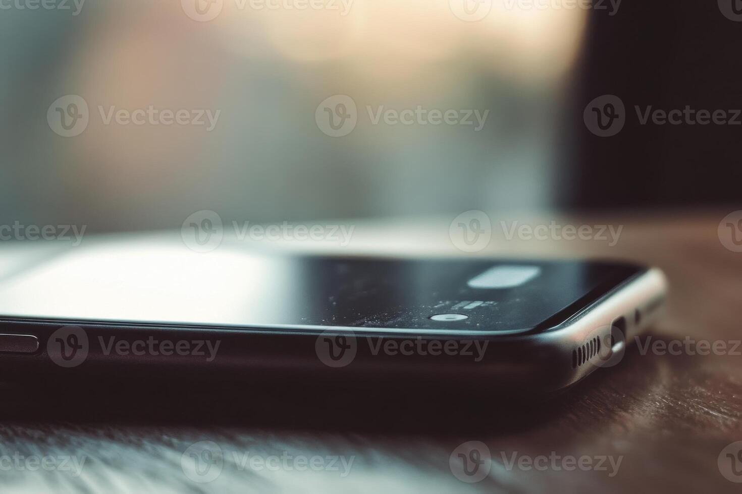 A cell phone is laying on a wooden table photo