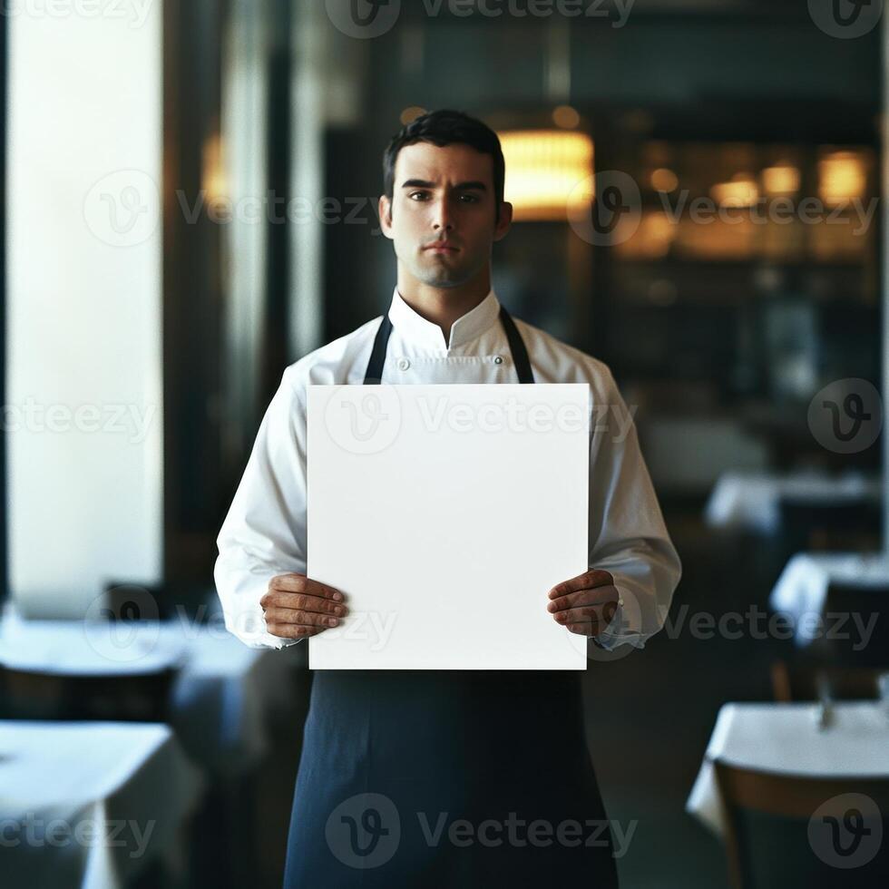 A man in a white shirt and black apron holding a blank piece of paper photo