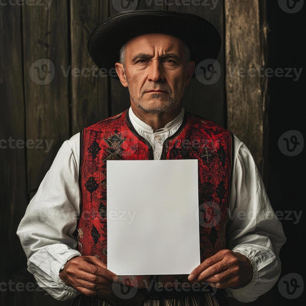 A man in a red vest holding a white piece of paper photo