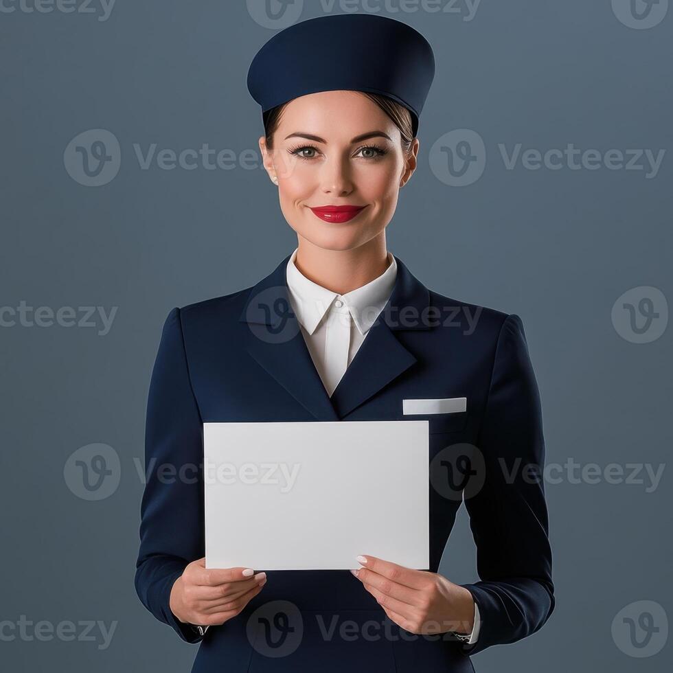 A woman in a blue uniform holding a white piece of paper photo