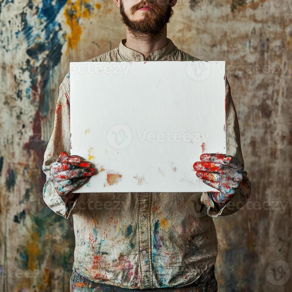 A man holding a white board with a red hand print on it photo