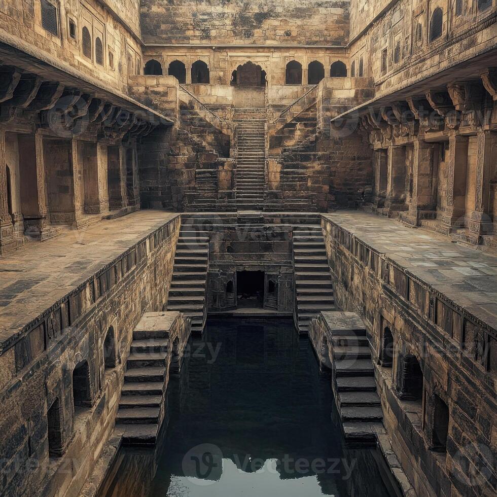 A large, empty building with a large pool of water in the middle photo