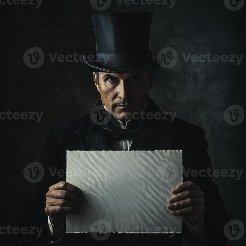 A man in a black hat and black suit holding a white sign photo