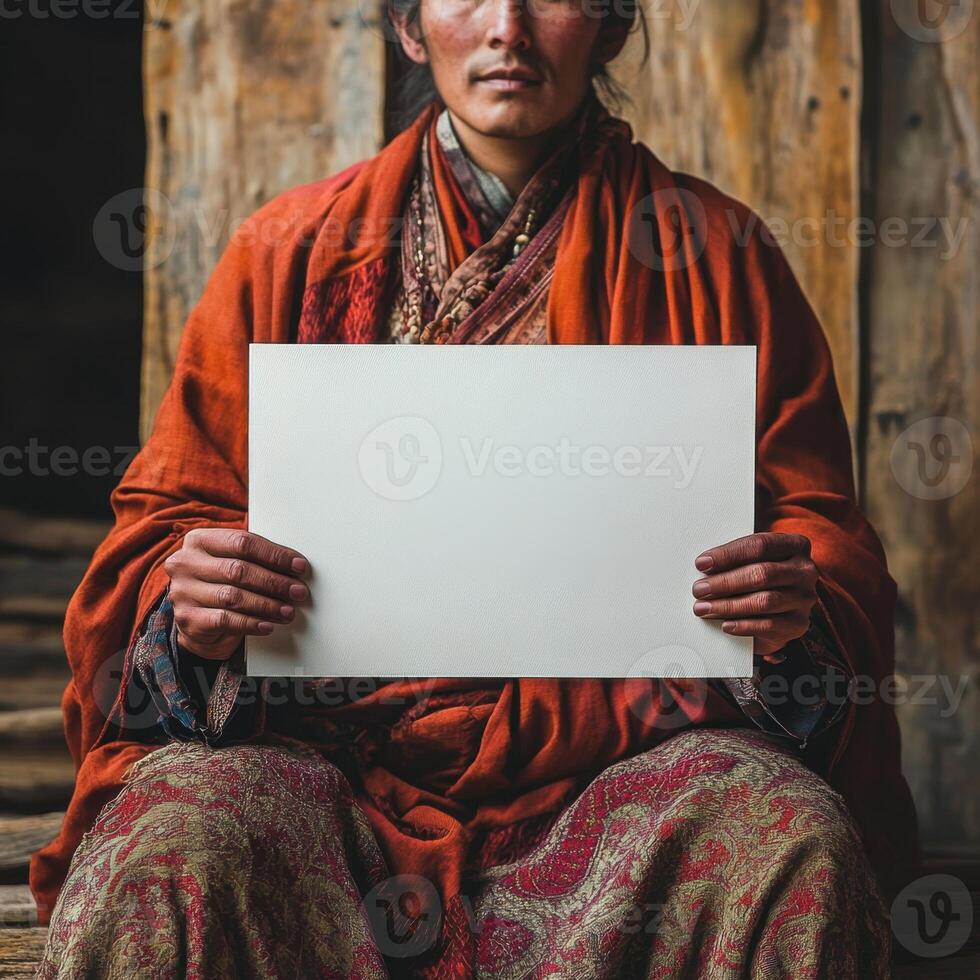 A woman is holding a white sign in her hands photo