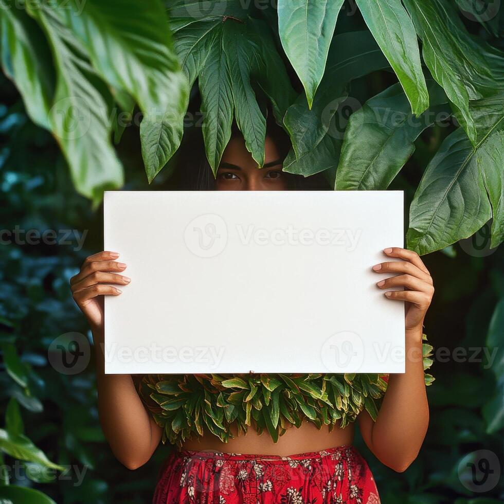 A woman is holding a white sign in front of a green leafy background photo