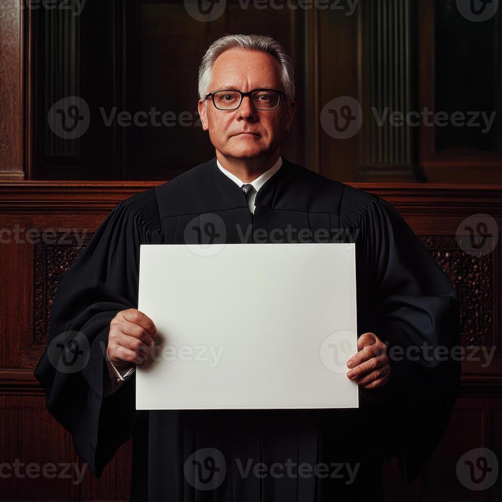 A man in a black robe holding a white sign photo