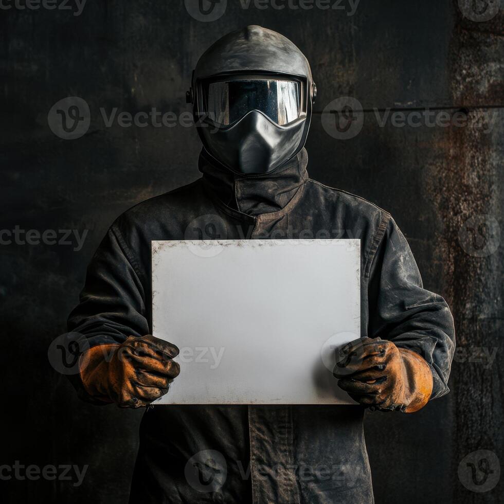 A man in a black jacket holding a white sign photo