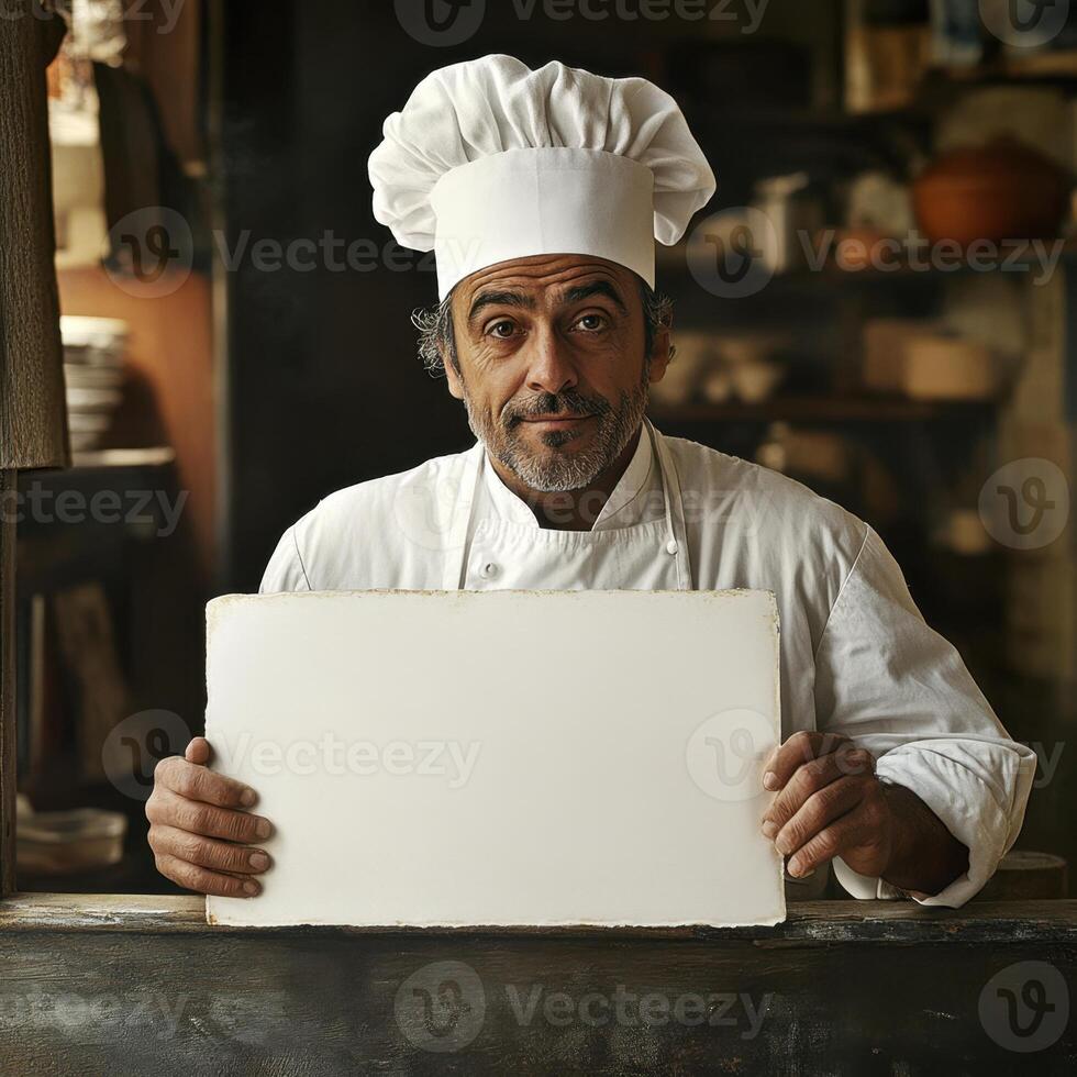 A chef is holding a blank piece of paper in front of him photo