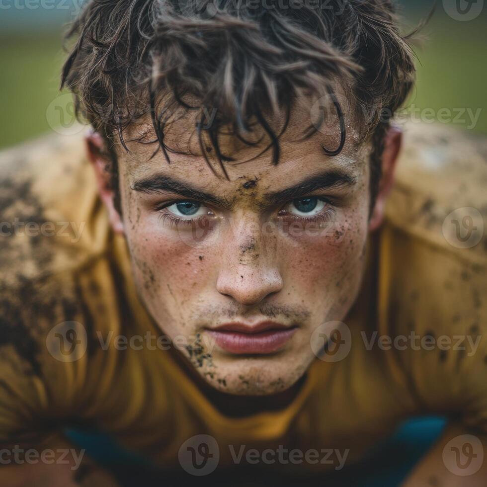 A man with a dirty face and a yellow shirt photo