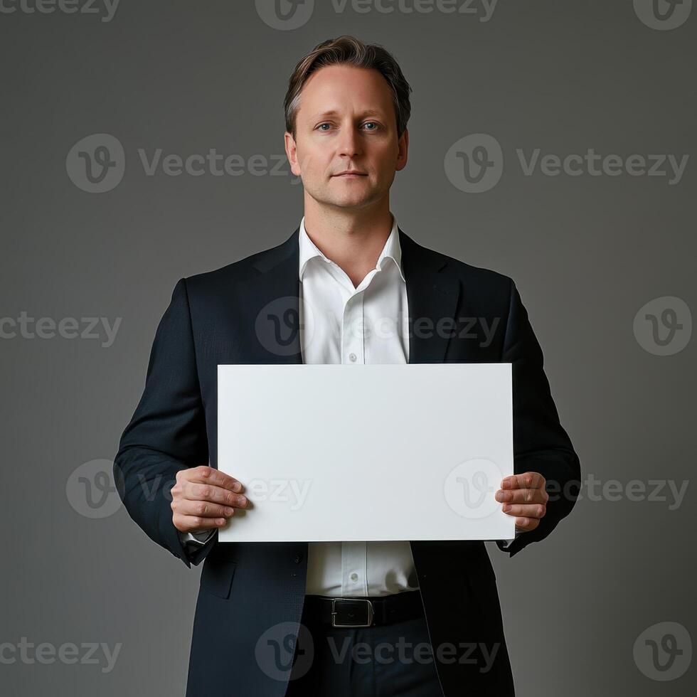 A man in a suit holding a white sign photo