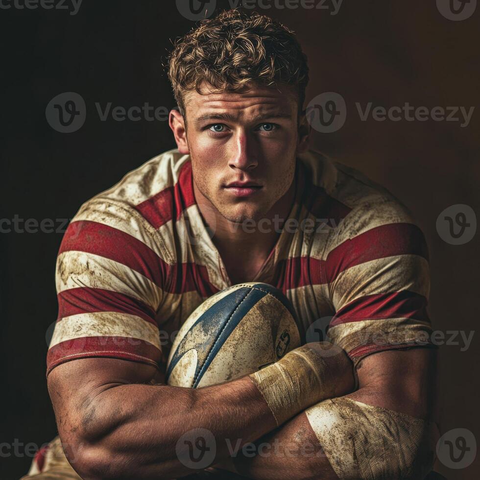 A man with a rugby ball in his arms photo