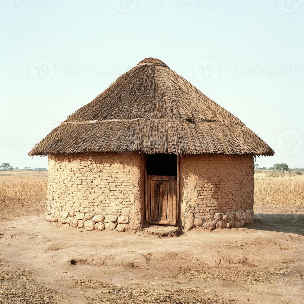 A small hut made of straw and mud sits in a field photo