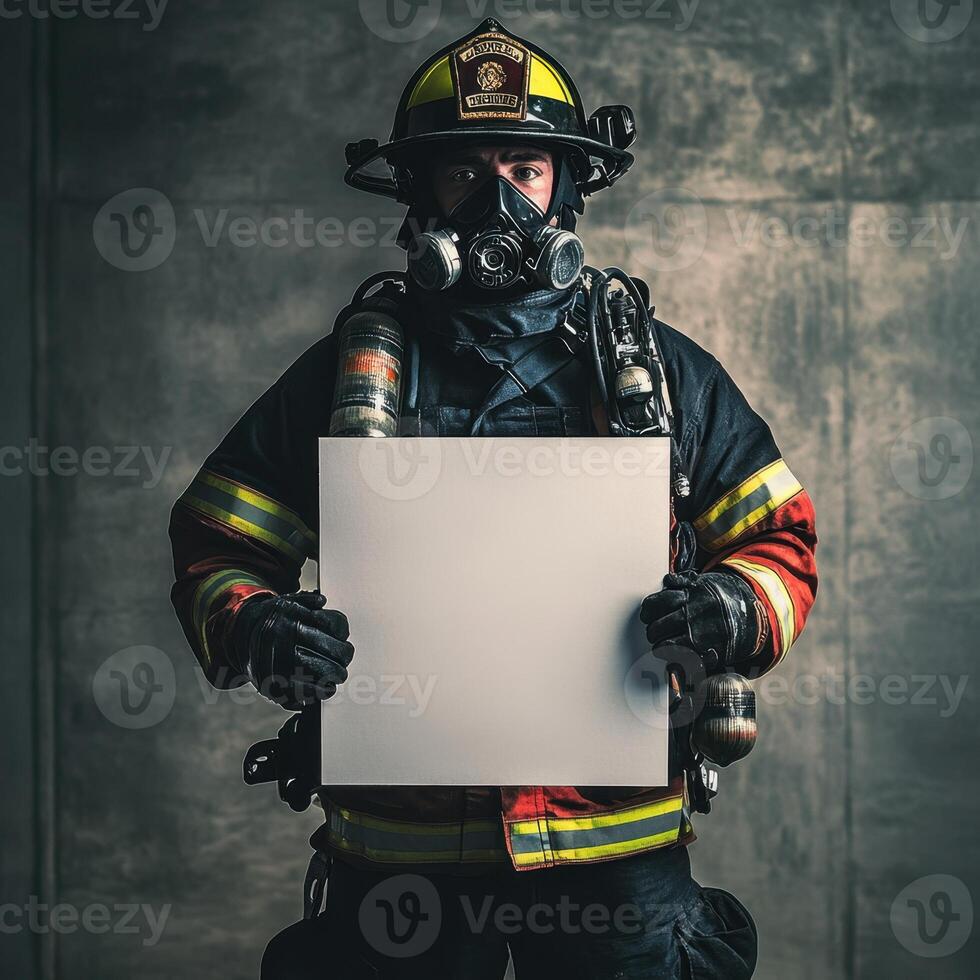 A firefighter holds a white sign in front of a wall photo