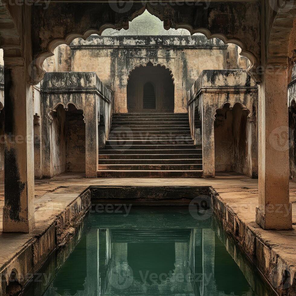 A large, arched doorway leads to a courtyard with a pool of water photo