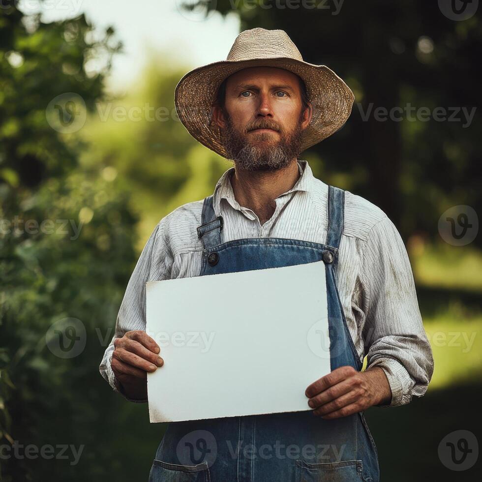 A man in a straw hat holds a blank piece of paper photo