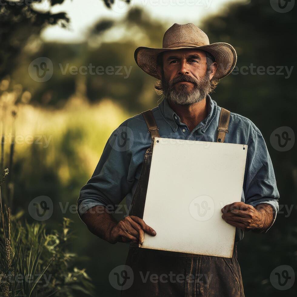 A man in a straw hat holds a white sign photo