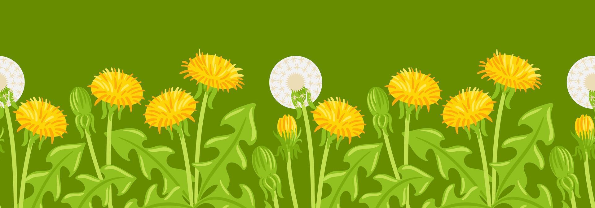 seamless border design featuring whimsical dandelions with vibrant yellow petals and fluffy seed heads. This playful illustration captures the essence of nature, perfect for various creative projects vector
