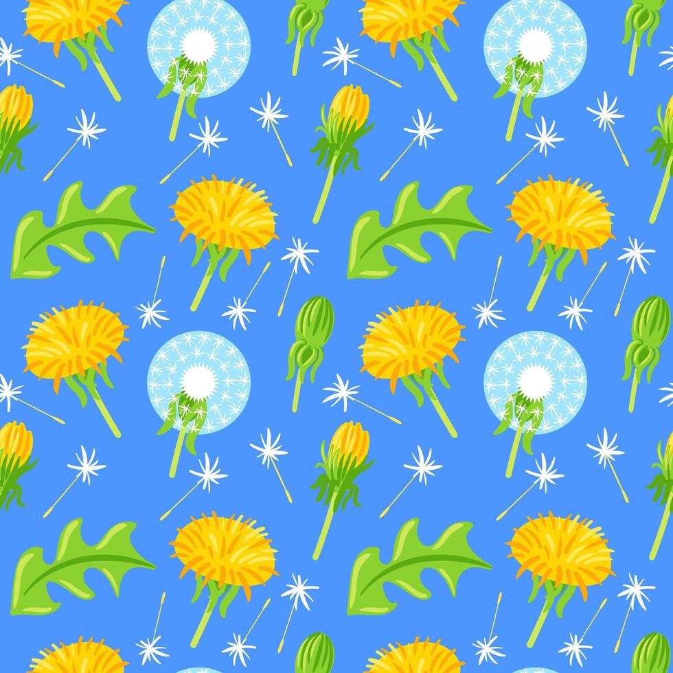 An enchanting design showcases bright dandelions against a rich green backdrop. This lively pattern emphasizes the joyful flowers and their fluffy seed heads, bringing a charming essence of nature s vector