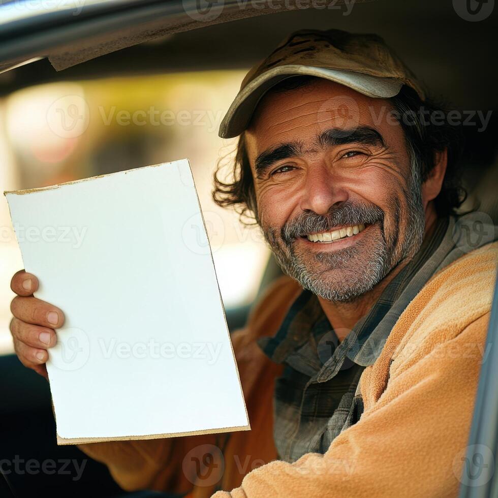 A man is smiling and holding a blank piece of paper photo
