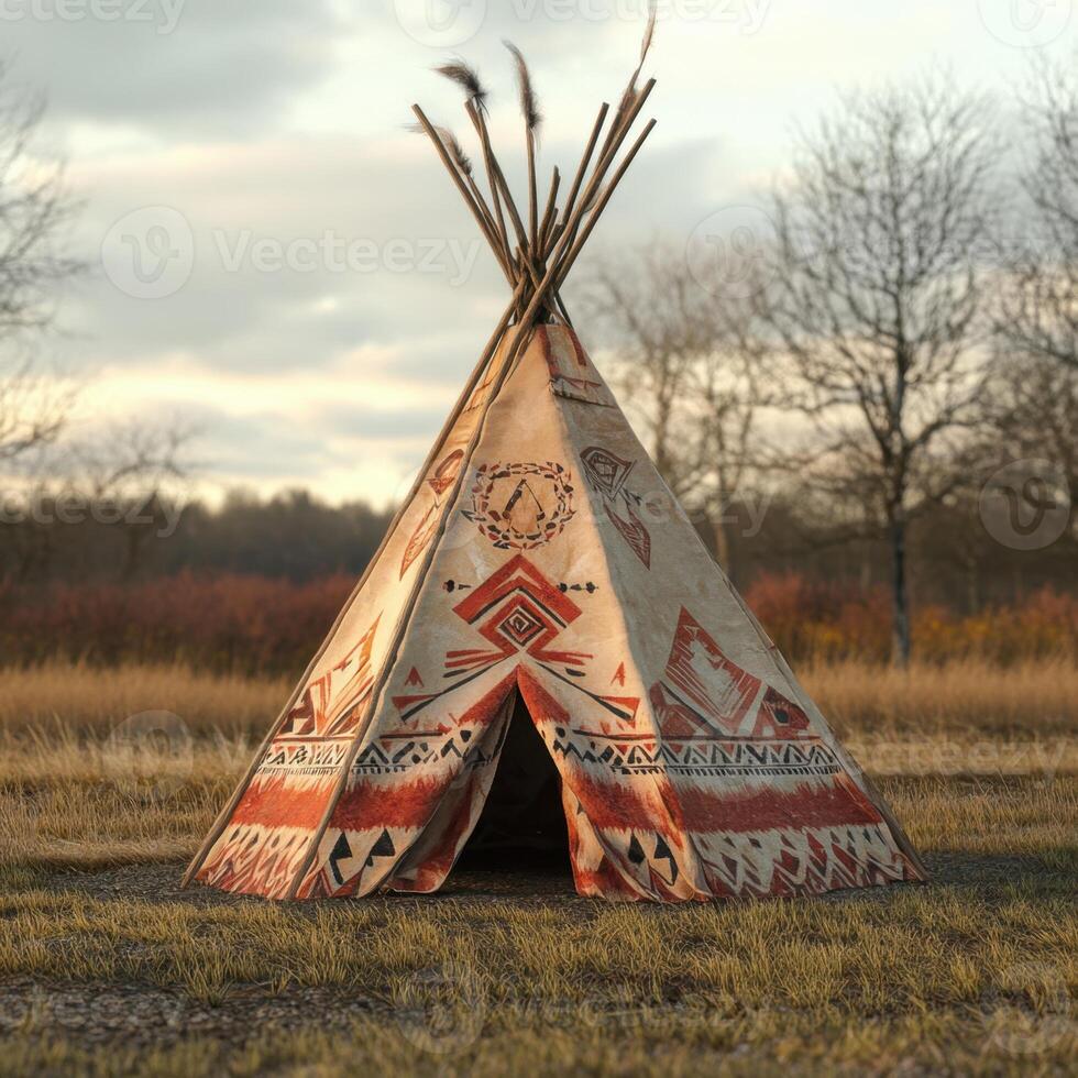 A teepee is standing in a field with a cloudy sky in the background photo