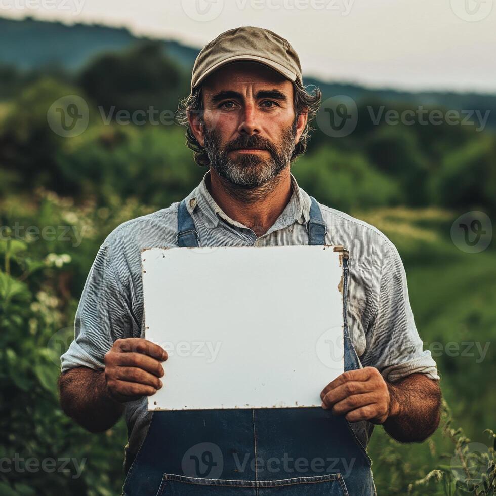 A man is holding a white sign in a field photo