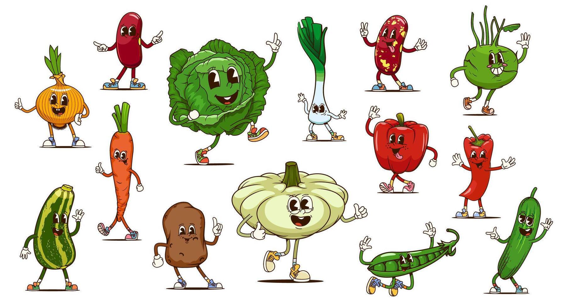Groovy vegetable food characters waving hands vector