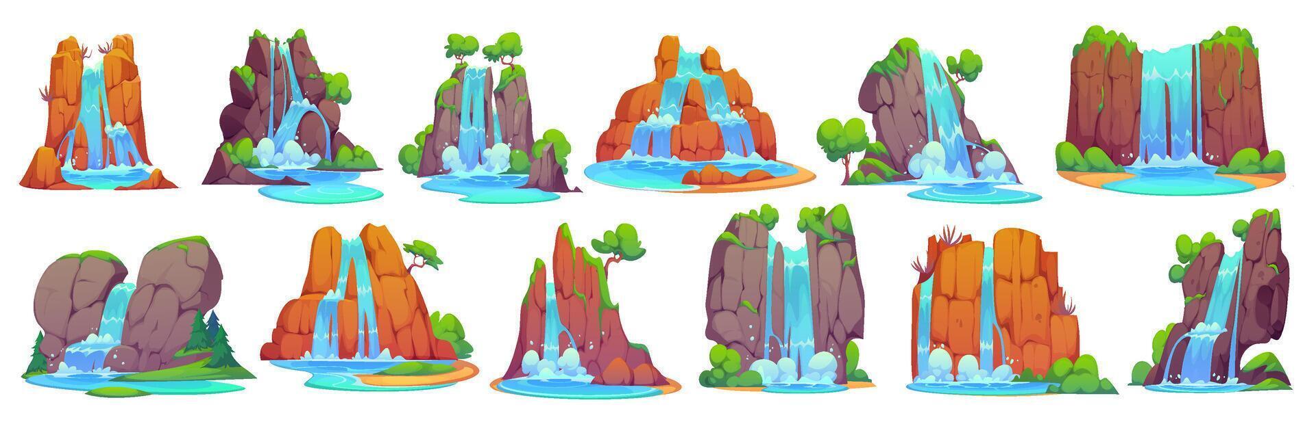 Cartoon waterfall water cascades with mountains vector