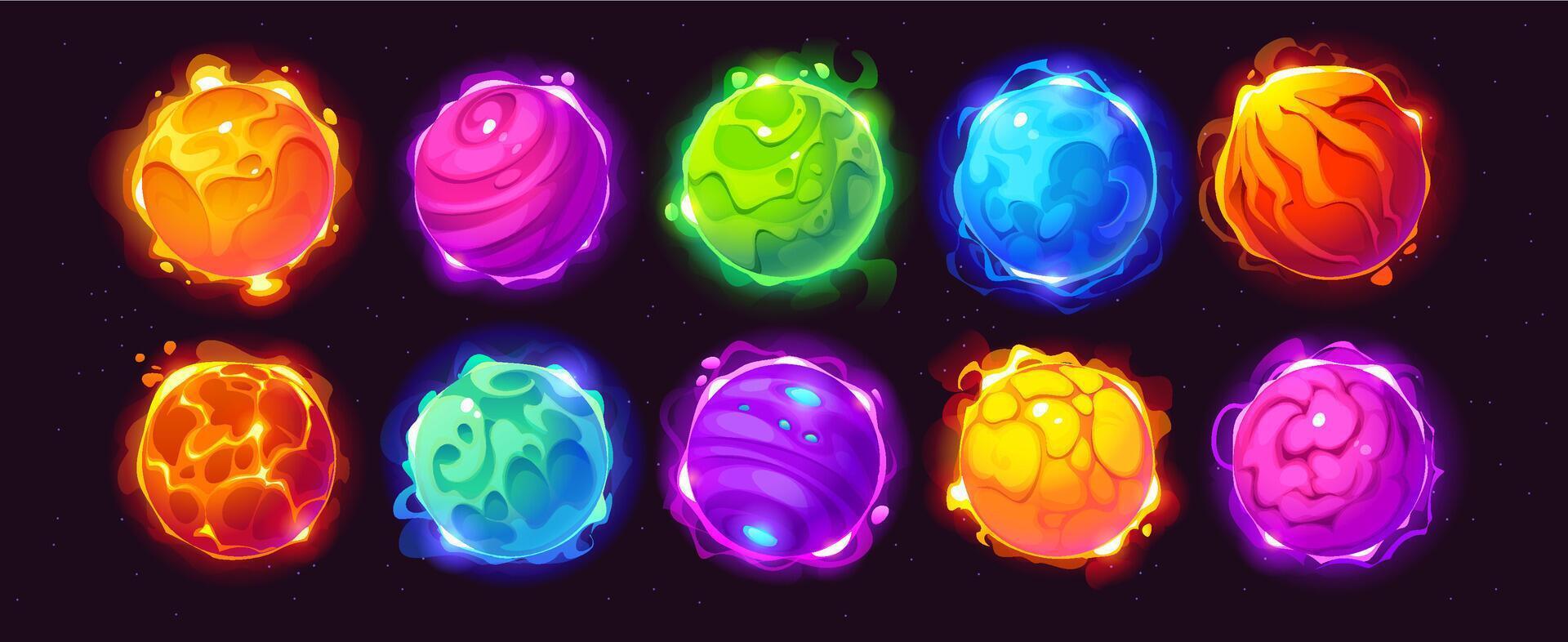 Cartoon glowing alien space planets of galaxy game vector