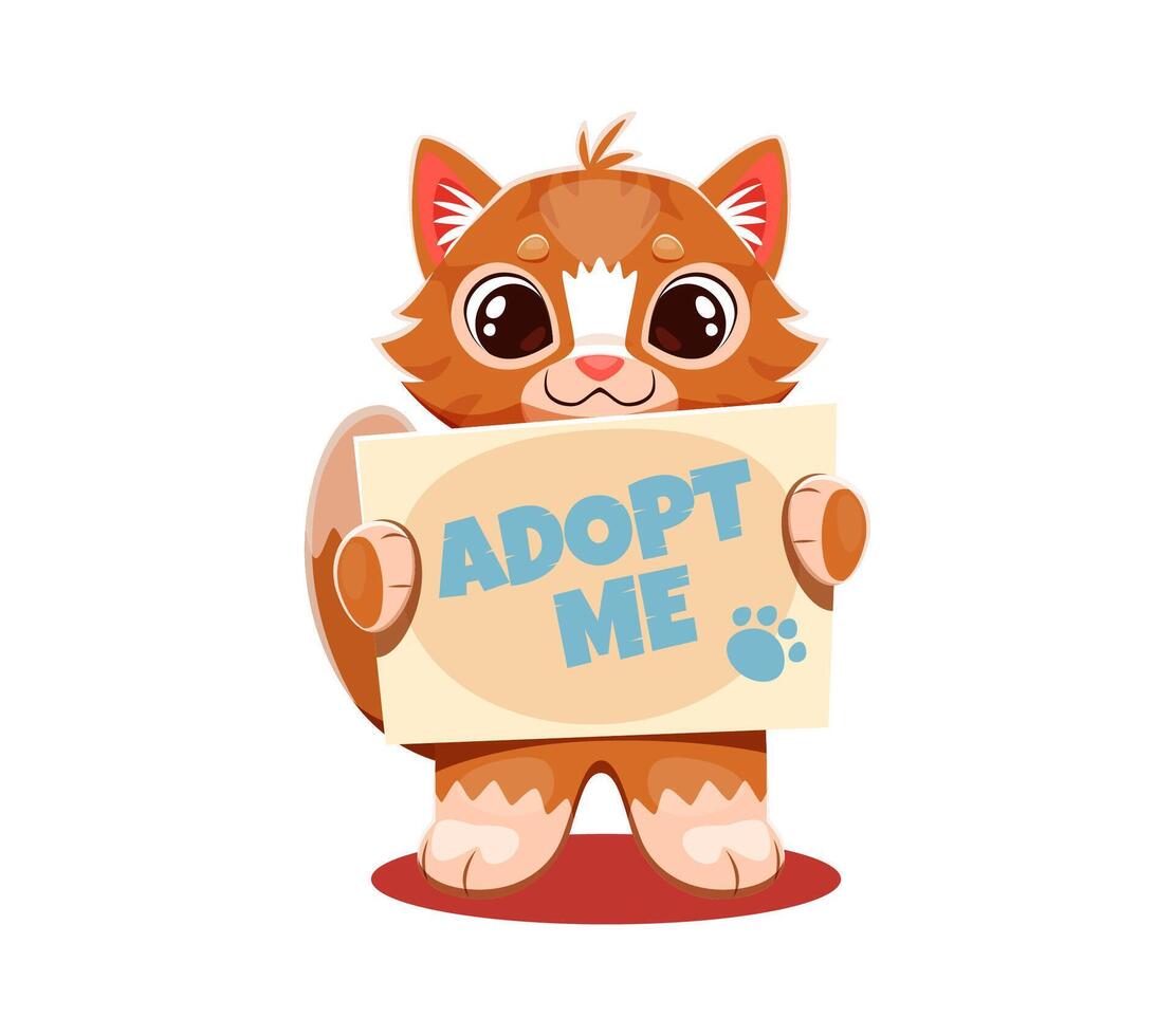 Adopt a cat, sweet, wide eyed kitten holds a sign vector
