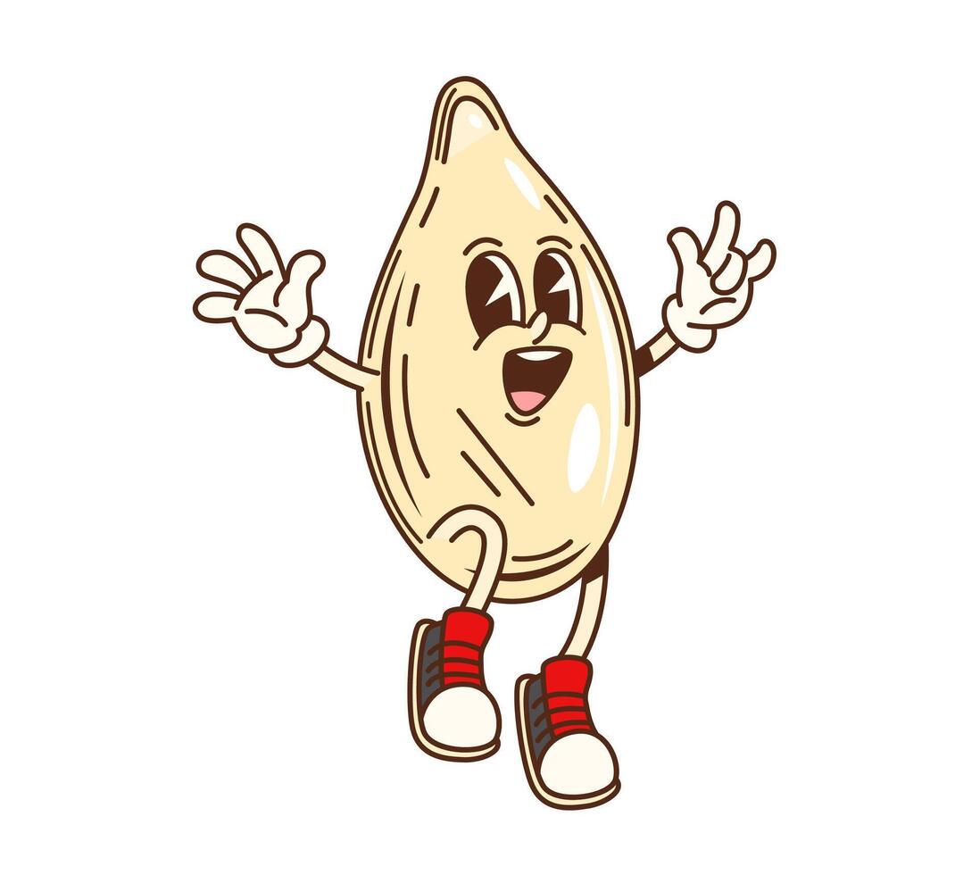 Cartoon groovy pumpkin seed character with hand up vector
