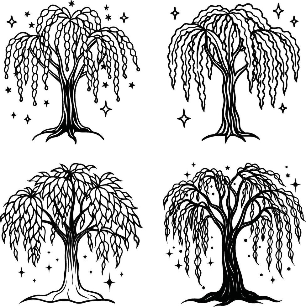 Flowing Tree Line Art Set vector