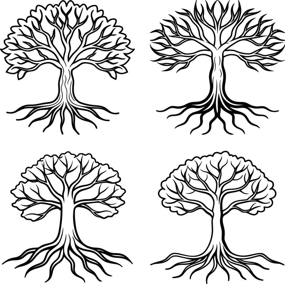 Intricate Tree Line Illustrations vector