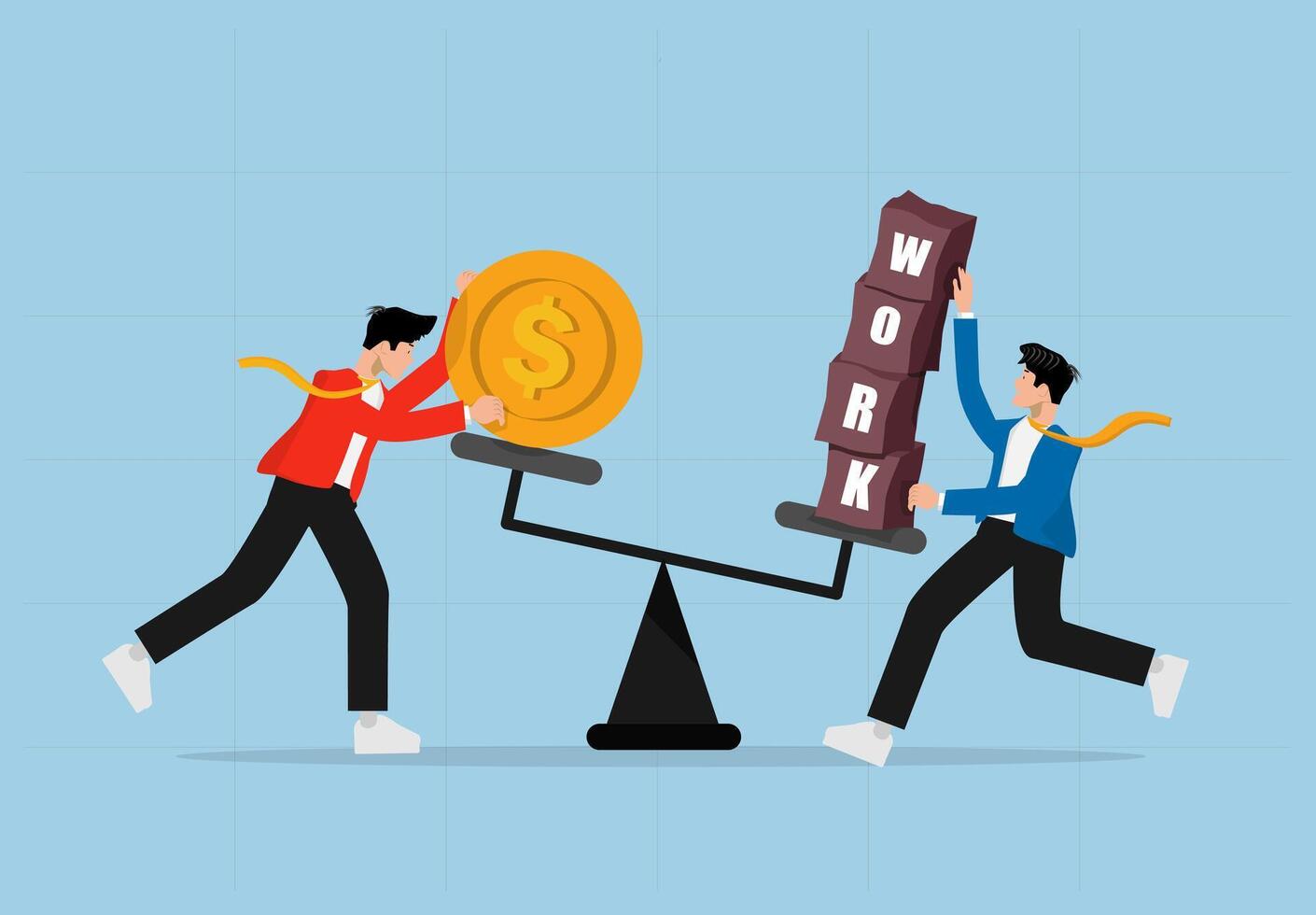 Businessmen Balancing Work and Money on a Seesaw. Concept of Work-Life Balance and Financial Success. vector