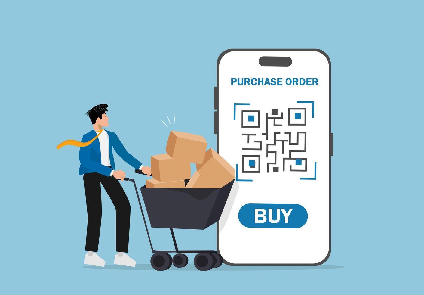 E-commerce Online Shopping Concept. Businessman Pushing Shopping Cart with Boxes Towards Smartphone QR Code for Digital Purchase and Mobile Payment. vector