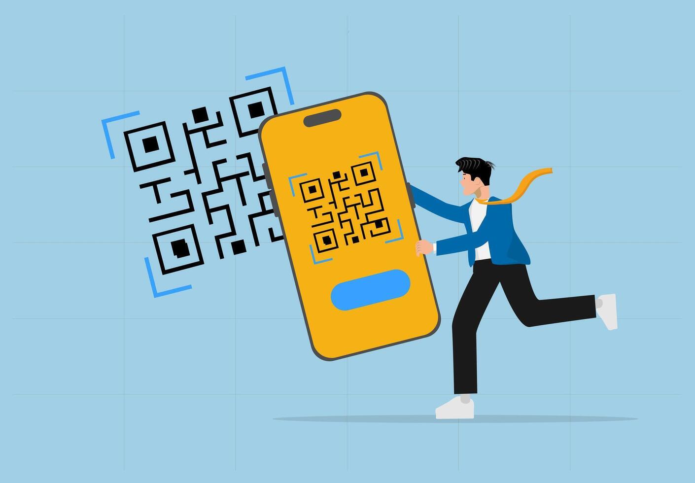 Businessman Running with a Smartphone Towards a Giant QR Code, Representing Digital Payment, Cashless Transactions. vector